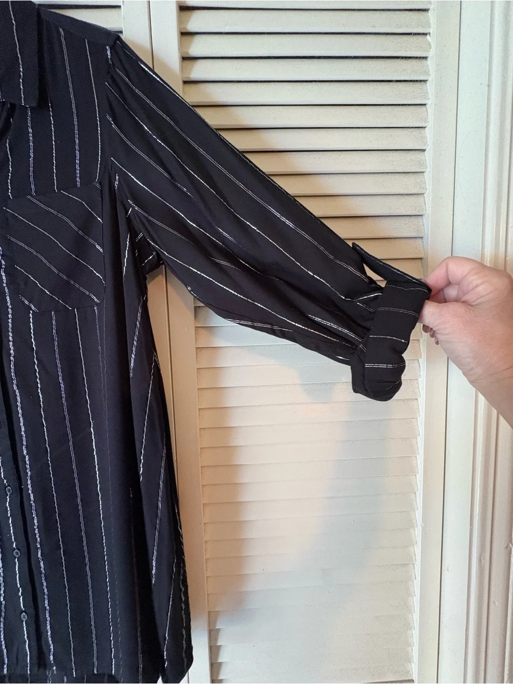 Black Pinstripe Button-Up Tunic Shirt Dress
